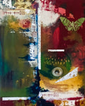 All Seeing by Ziva Sanchez

Abstract mixed-media artwork with layered brushstrokes in green, red, brown, white, and yellow, featuring a butterfly motif and circular organic forms.