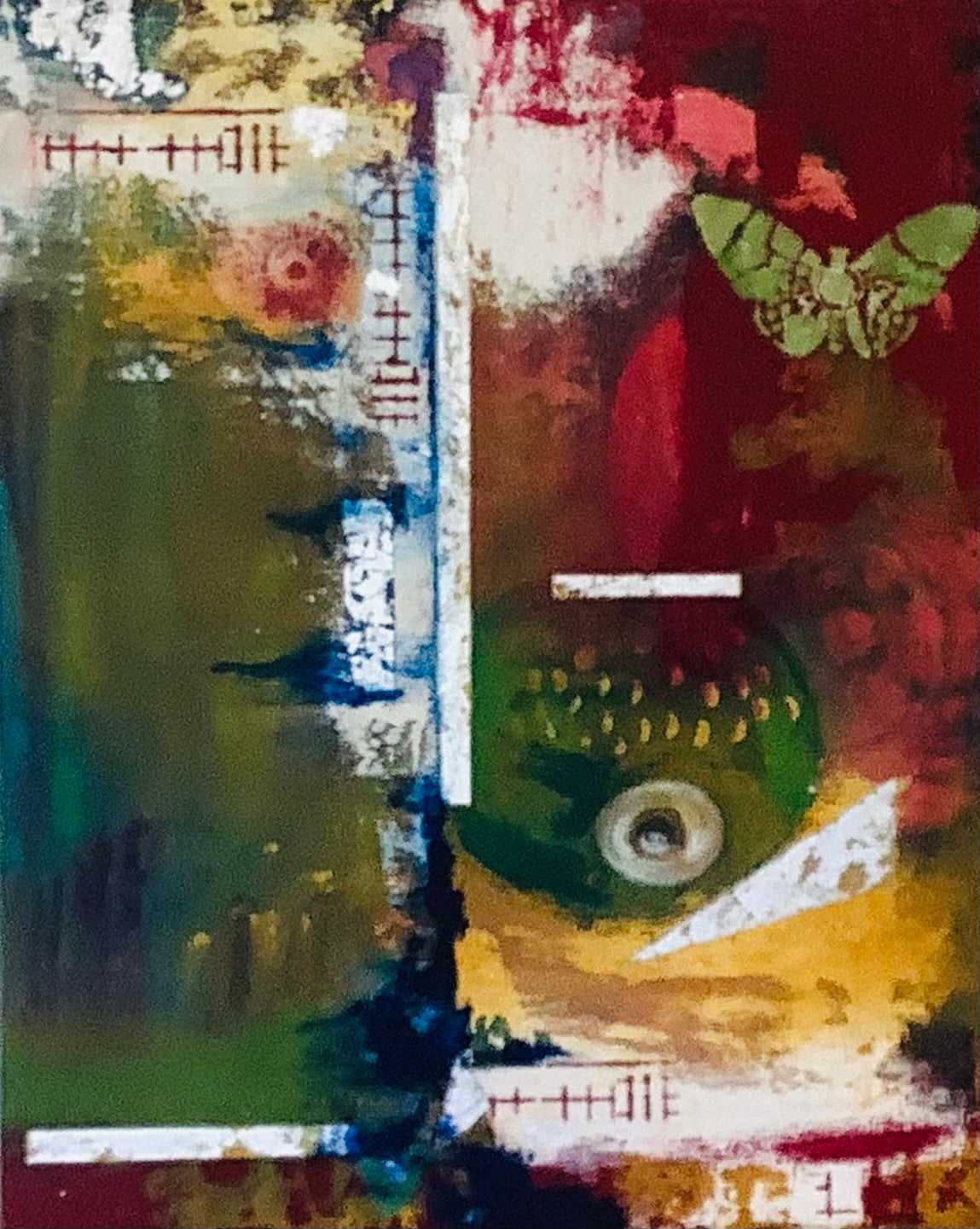 All Seeing by Ziva Sanchez

Abstract mixed-media artwork with layered brushstrokes in green, red, brown, white, and yellow, featuring a butterfly motif and circular organic forms.