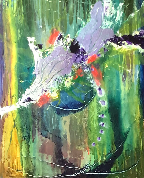Birth by Ziva Sanchez

Abstract painting featuring a stylized bird in white, purple, and green tones, with splashes of red, yellow, and blue on a textured green and yellow background.