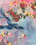 Blue by Ziva Sanchez

An impressionistic floral painting featuring pink, red, and yellow blossoms on branches with blue leaves and stems against a soft pastel background. 