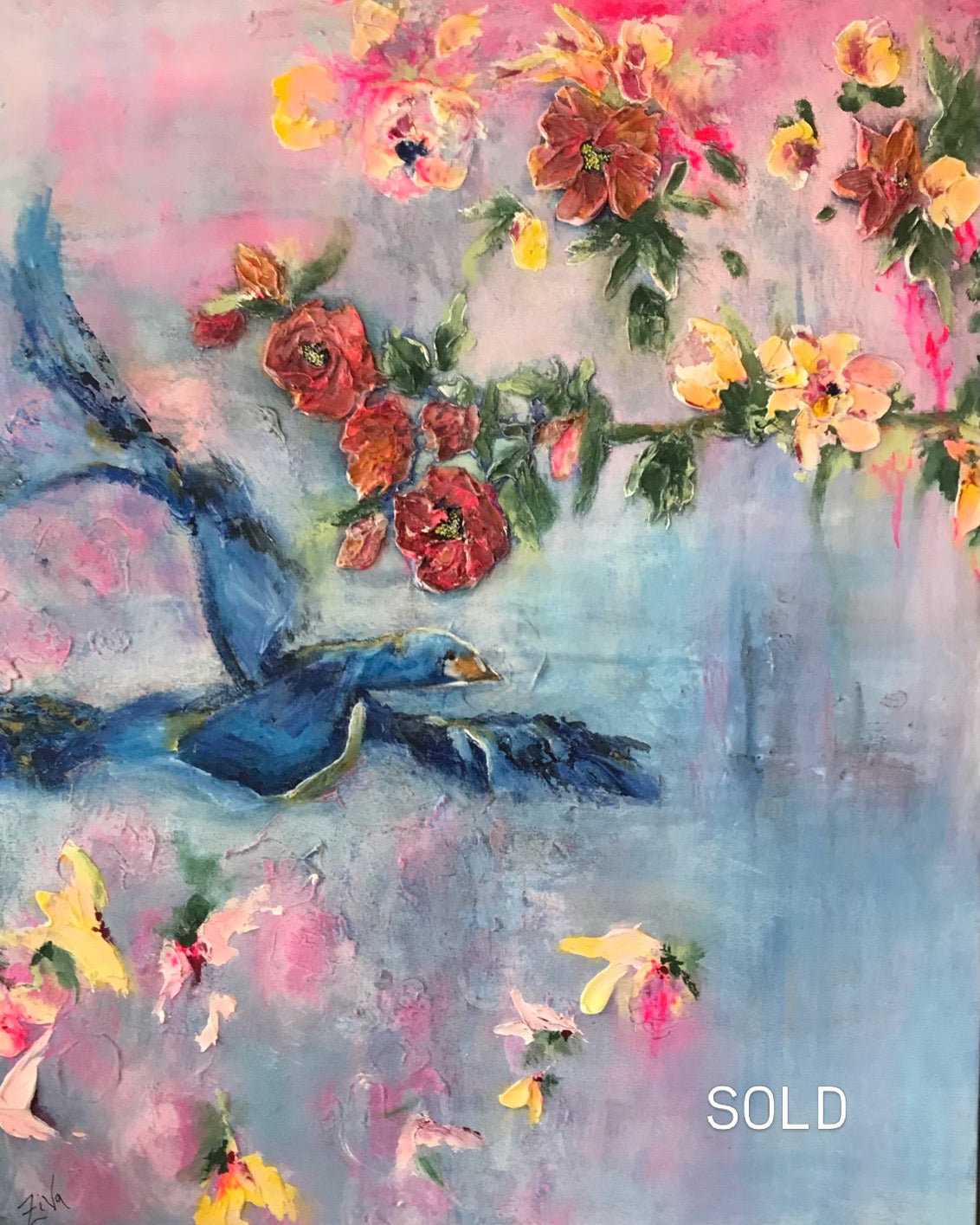 Blue by Ziva Sanchez

An impressionistic floral painting featuring pink, red, and yellow blossoms on branches with blue leaves and stems against a soft pastel background. 
