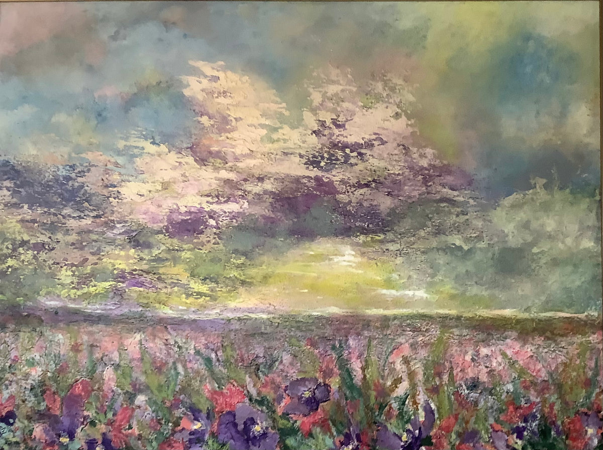 Breath Taking by Ziva Sanchez

Impressionist-style landscape painting of a flower field under a cloudy sky, with visible brushstrokes in green, blue, yellow, pink, purple, and white.