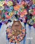 Dreaming by Ziva Sanchez

An expressive, colorful painting of a woman's face surrounded by dense flowers and textured brushstrokes, with blue paint drips on the sides.