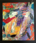 Feathers by Ziva Sanchez

An abstract expressionist painting featuring expressive, textured brushstrokes in a vibrant mix of red, orange, yellow, purple, green, blue, and black, presented in a dark frame.