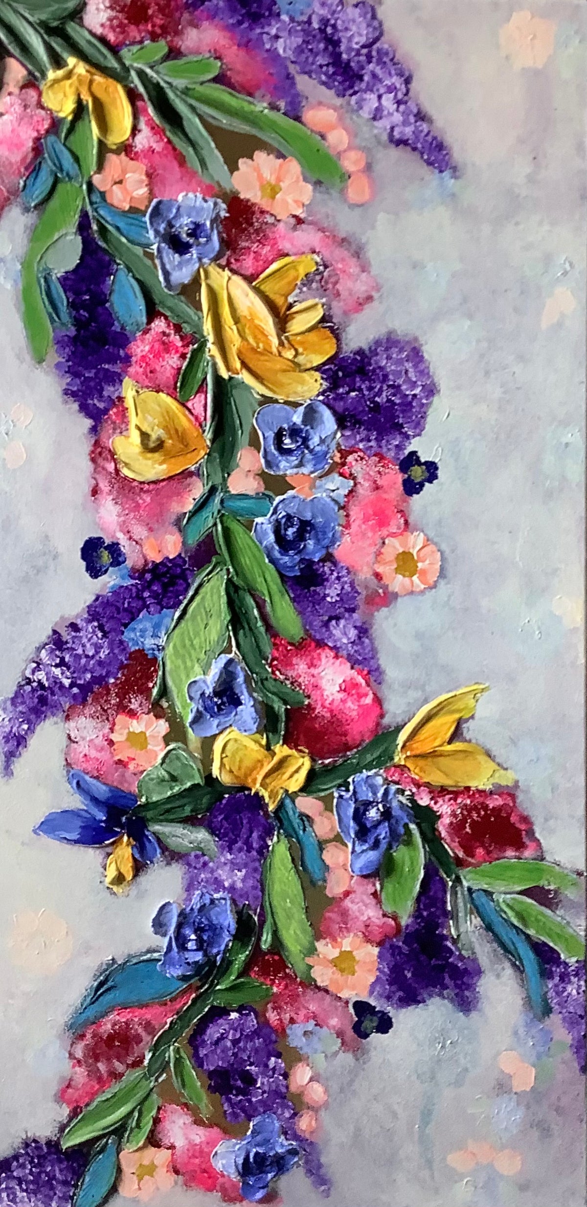 Floral Ribbon by Ziva Sanchez

Impressionistic floral painting featuring yellow tulips, blue and purple flowers, and green leaves arranged vertically on a textured light gray background.