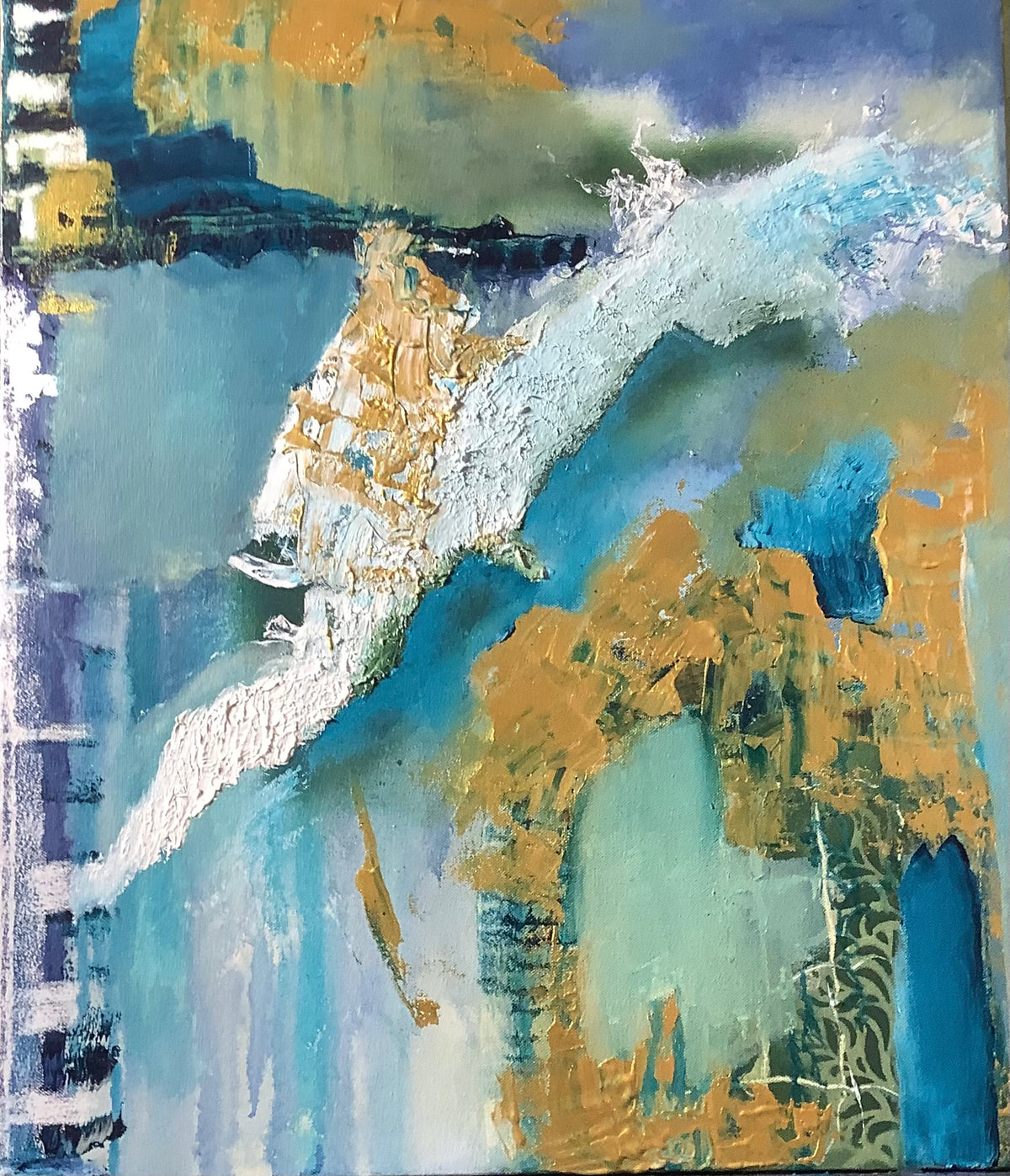 Golden Light by Ziva Sanchez

An abstract mixed-media painting featuring textured brushstrokes of teal, blue, white, and ochre gold, with layered impasto details.