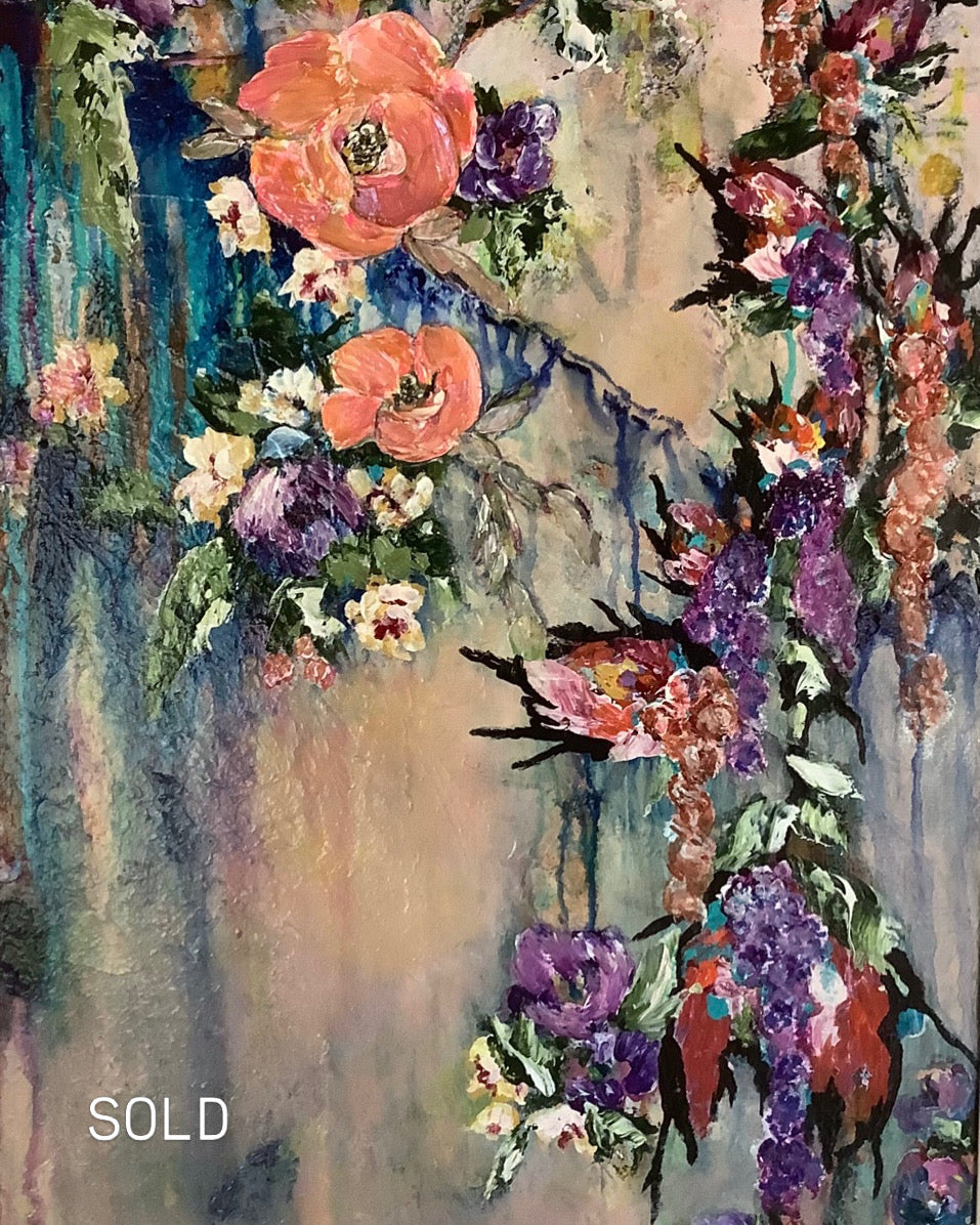 Harmony by Ziva Sanchez

An impressionistic floral painting with large coral-pink and purple flowers, green leaves, and a soft beige and blue background.