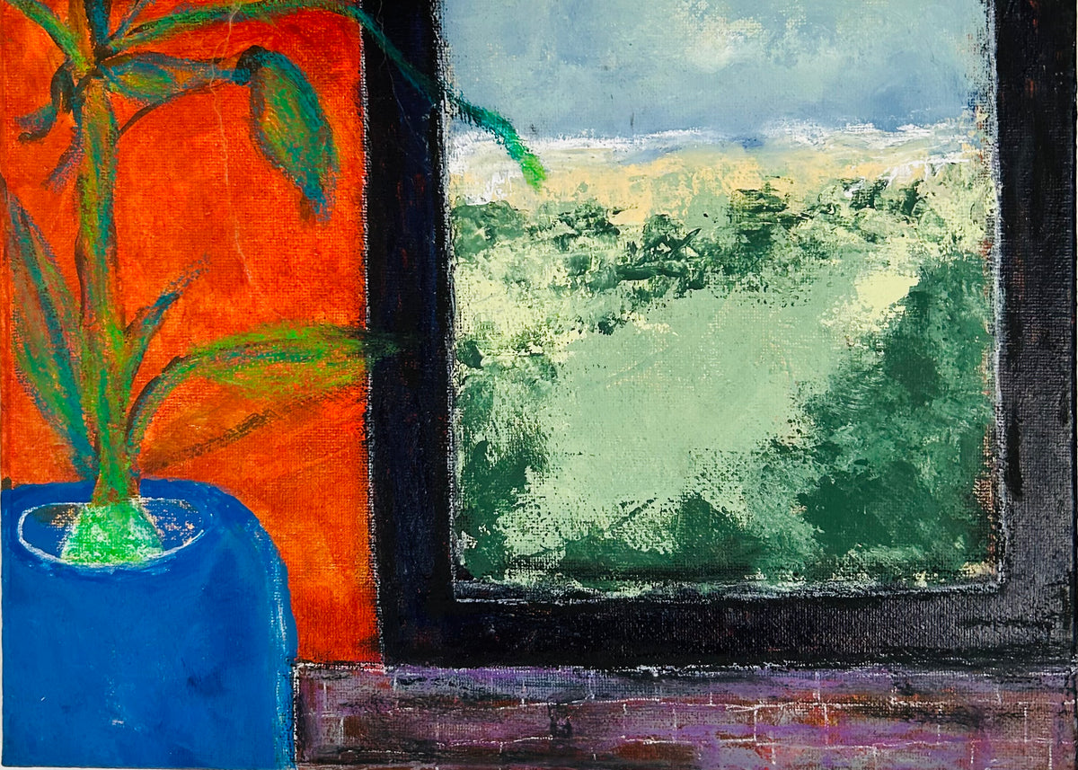My View by Ziva Sanchez

An expressive painting depicting a bright blue potted plant with green leaves standing in front of a vivid orange wall, next to a window looking out onto a green landscape under a pale sky.