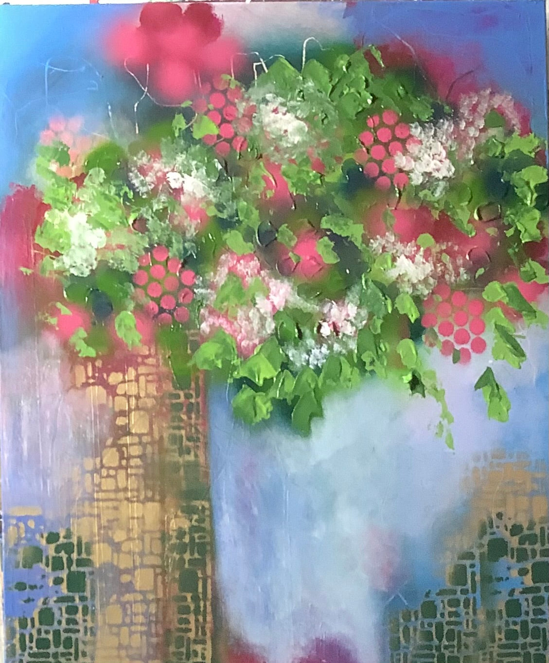 Nature Material by Ziva Sanchez

An abstract floral painting featuring a lush arrangement of pink, white, and green flowers with textured gold and blue background elements.