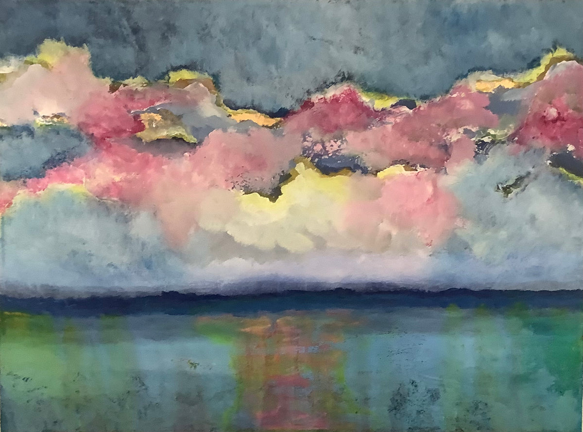 On The Water by Ziva Sanchez

An abstract landscape painting depicting a dramatic sky with pink, yellow, and blue clouds reflecting over a dark blue and green water surface.