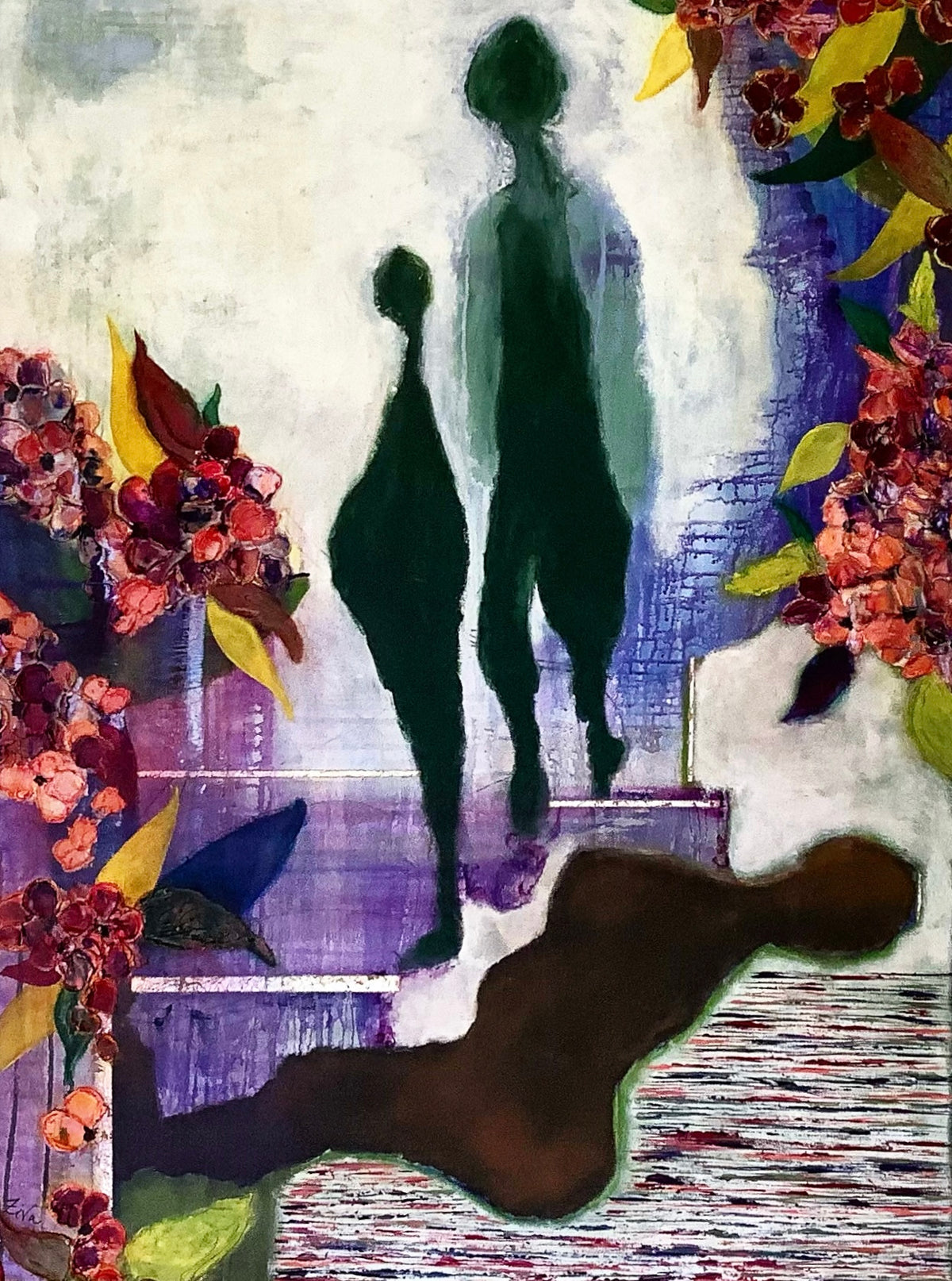Our Mothers Abundance by Ziva Sanchez

An abstract painting depicting two dark silhouetted figures walking up steps, framed by red and pink flowers with green and yellow leaves. The background is a textured off-white and purple wash, with a dark brown abstract shape in the foreground.