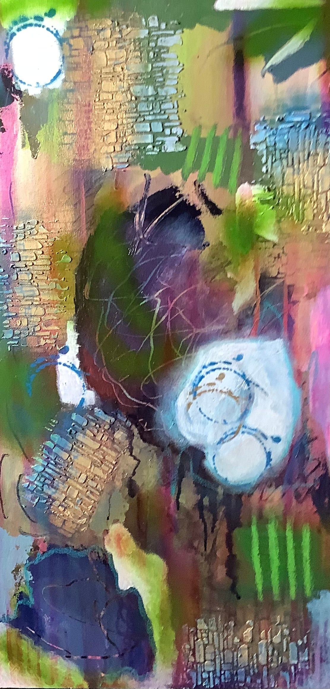 Raw by Ziva Sanchez

Abstract mixed-media painting with layered textures, organic shapes, and expressive brushstrokes in green, purple, pink, brown, black, and white.
