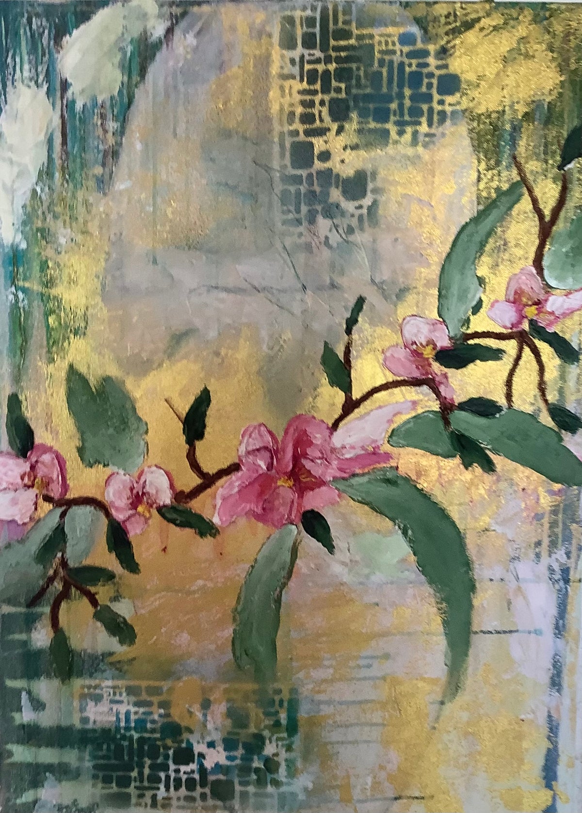 Rose Blush by Ziva Sanchez

An abstract floral painting featuring pink blossoms and green leaves on branches set against a textured background of gold, gray, and blue-green brushstrokes.