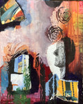 The Bridge by Ziva Sanchez 

An abstract mixed-media painting featuring stylized floral forms, architectural elements, and textured brushstrokes in a multicolor palette of orange, blue, black, white, pink, and yellow.