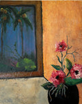 The Window by Ziva Sanchez

An impressionistic painting depicting a still life scene with pink flowers in a dark vase against a warm ochre wall, next to a window view of palm trees.