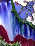 Waterfall by Ziva Sanchez

A colorful landscape painting featuring a large blue and white waterfall, green cliffs, pink blossoms on a branch, and deep red ground, with some green foliage in the foreground.