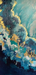 Waves of Gold by Ziva Sanchez

Abstract textured painting with layered brushstrokes in teal, blue, navy, white, and metallic gold, filling the entire frame.
