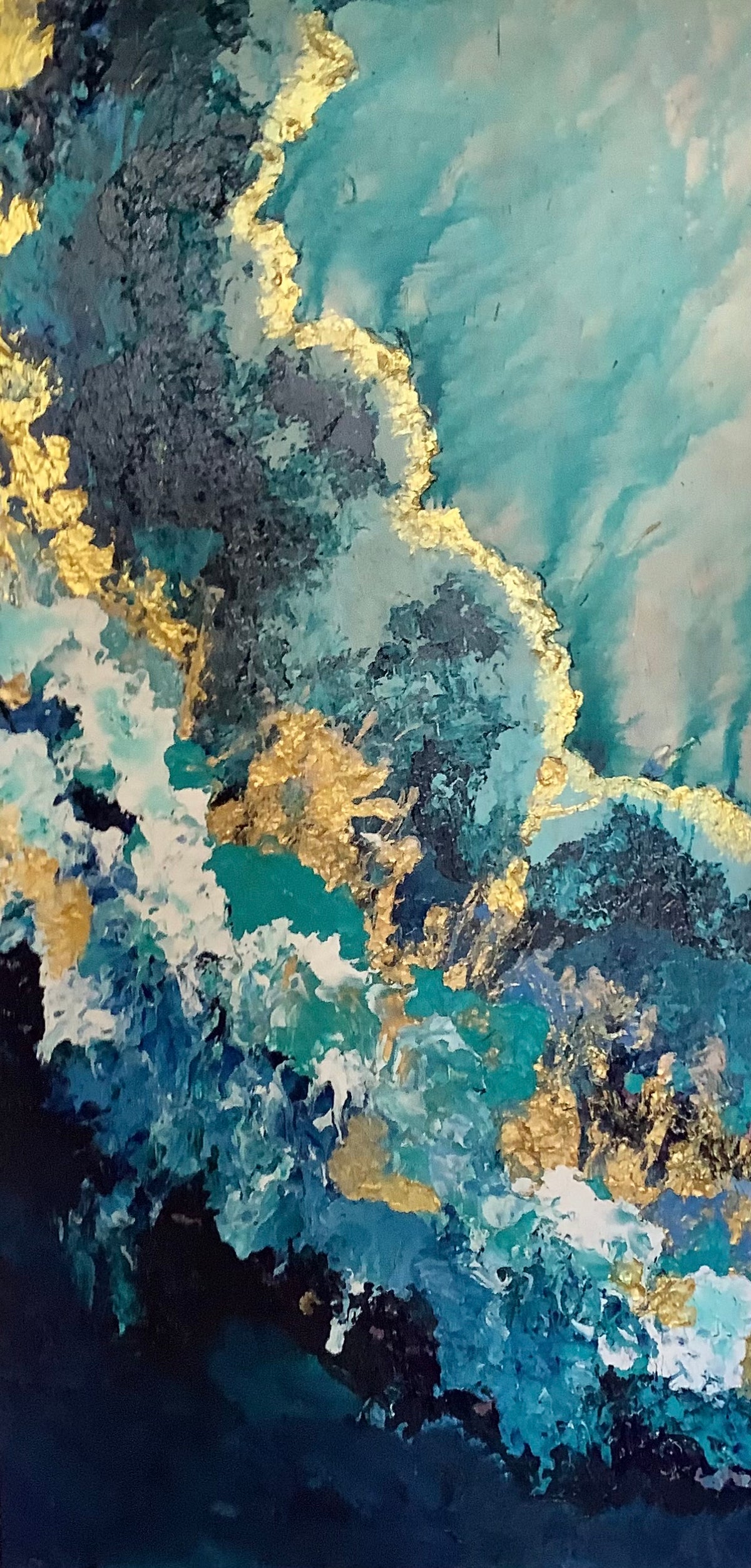 Waves of Gold by Ziva Sanchez

Abstract textured painting with layered brushstrokes in teal, blue, navy, white, and metallic gold, filling the entire frame.